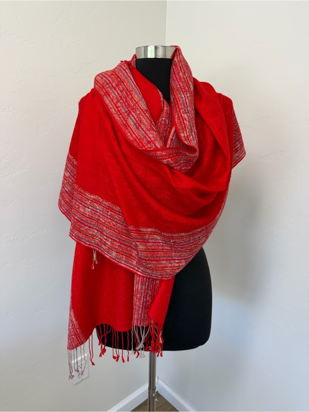 pashmina and Silk Red Paisley Fringe Wrap Scarf with Subtle Stripe Detail